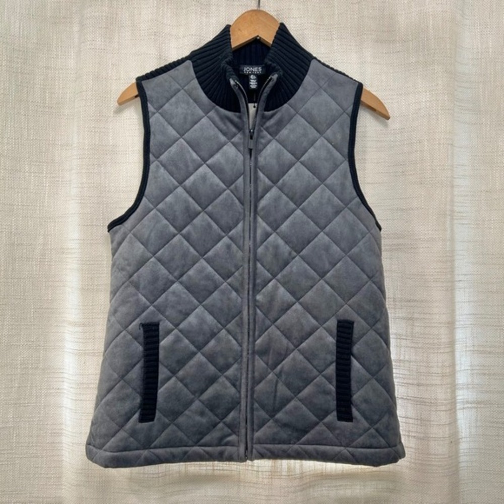 Jones New York Womens Lg Quilted Suede Sweater Vest Black Pewter Gray New